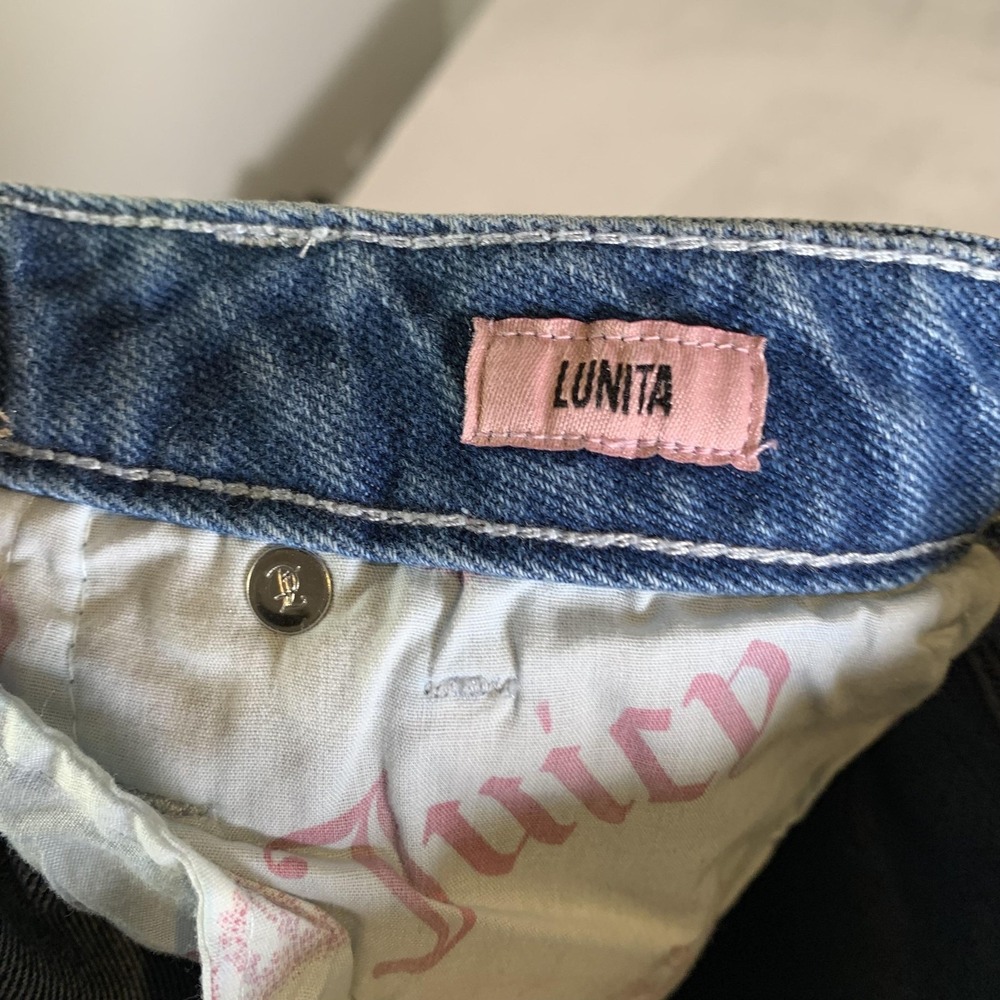 Juicy Couture Lunita Wide Leg Jeans Juniors 7/28 Blue Wash High Rise Rhinestone - Picture 12 of 16